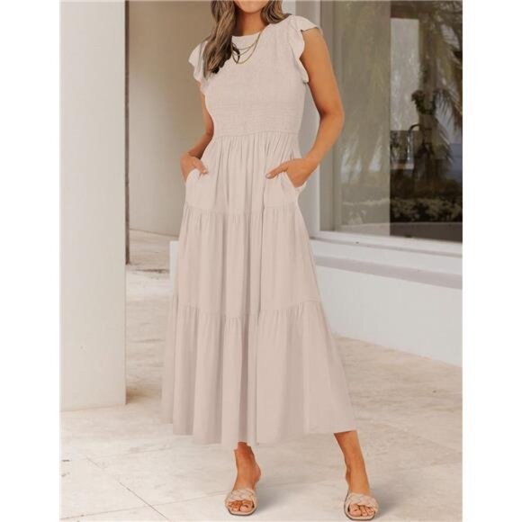 Women's Apricot Summer Casual Flutter Short Sleeve Crew Neck Smocked Maxi Dress - Picture 2 of 6
